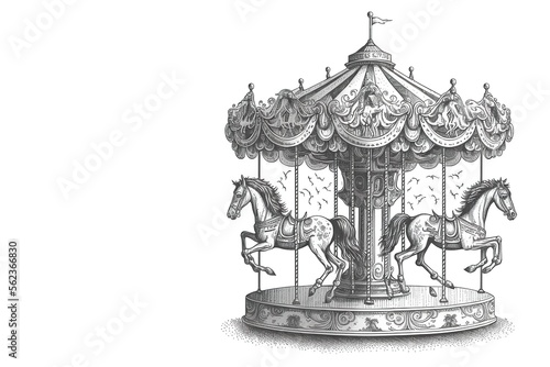 Vintage carousel with horses. Sketch. Engraving style. Children carousel sketch style vector illustration. generative ai photo