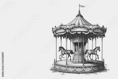 Vintage carousel with horses. Sketch. Engraving style. Children carousel sketch style vector illustration. generative ai