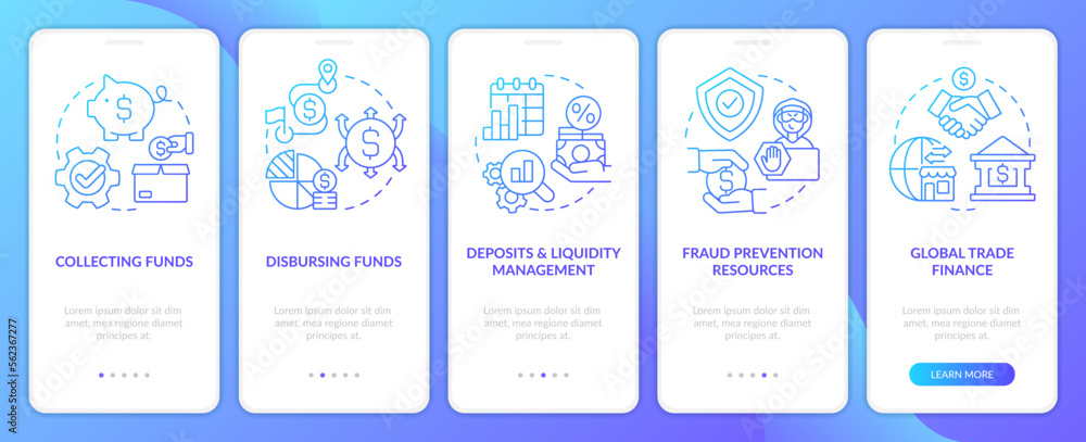Treasury management services blue gradient onboarding mobile app screen. Walkthrough 5 steps graphic instructions with linear concepts. UI, UX, GUI template. Myriad Pro-Bold, Regular fonts used