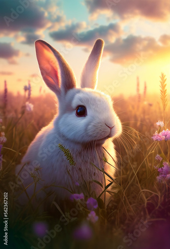 Cute Bunny rabbit sitting in a dreamy field at Easter during the spring season, Generative AI stock illustration image © Tony Baggett