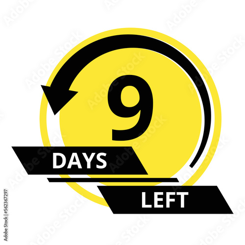 Countdown of days. Number 9 of days left to go. Promotional banner. Price offer promo deal timer, nine day only. Stylized counter in black and yellow colors