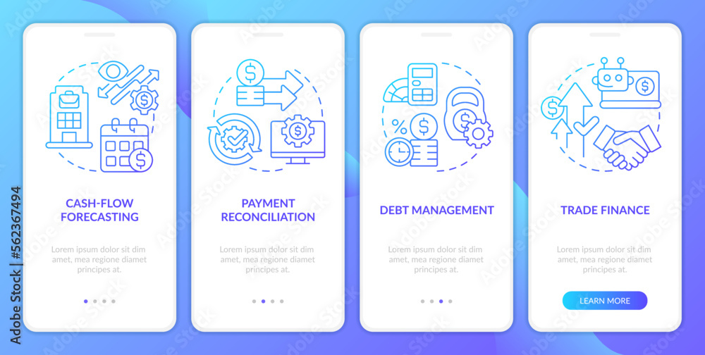 Treasury management system feature blue gradient onboarding mobile app screen. Walkthrough 4 steps graphic instructions with linear concepts. UI, UX, GUI template. Myriad Pro-Bold, Regular fonts used