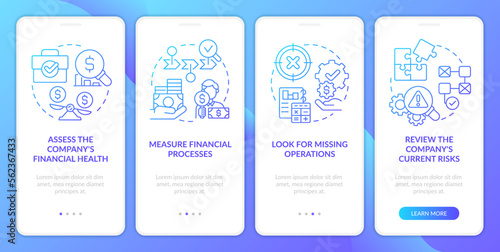 Determine treasury management need blue gradient onboarding mobile app screen. Walkthrough 4 steps graphic instructions with linear concepts. UI, UX, GUI template. Myriad Pro-Bold, Regular fonts used