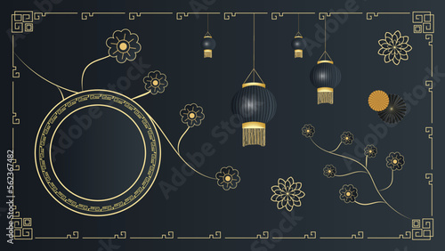 Happy Chinese new year design. Japanese, Korean, Vietnamese lunar new year. Black Vector illustration and banner concept