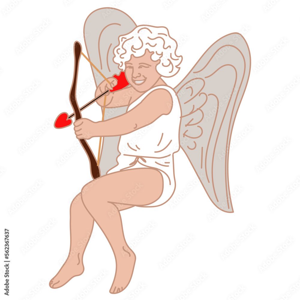 An illustration of a small cupid with a bow and arrow, which aims. a little boy with wings flies and aims love arrows at couples. The theme of Valentine's Day. Retro love An illustration of a small cupid with a bow and arrow, which aims. a little boy with wings flies and aims love arrows at couples. The theme of Valentine's Day. Retro love