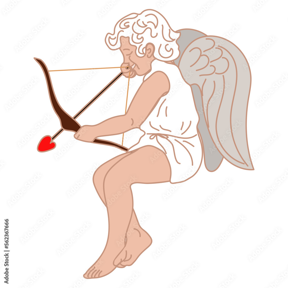 An illustration of a small cupid with a bow and arrow, which aims. a little boy with wings flies and aims love arrows at couples. The theme of Valentine's Day. Retro love An illustration of a small cupid with a bow and arrow, which aims. a little boy with wings flies and aims love arrows at couples. The theme of Valentine's Day. Retro love