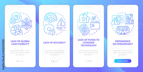 Challenges faced by treasurer blue gradient onboarding mobile app screen. Walkthrough 4 steps graphic instructions with linear concepts. UI, UX, GUI template. Myriad Pro-Bold, Regular fonts used