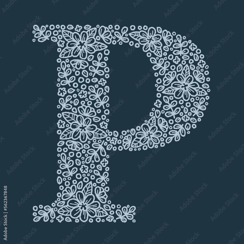 Letter P doodle botanical alphabet, floral hand drawing Letter P doodle botanical alphabet, floral hand drawing