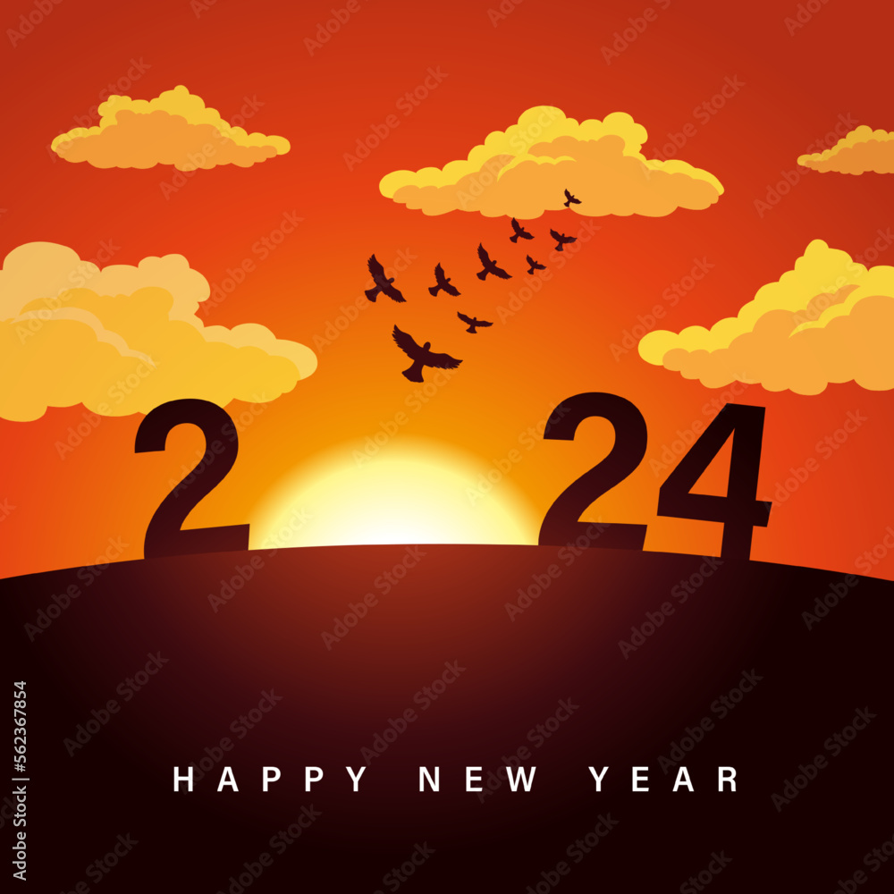 2024 sunrise silhouette. Happy New Year 2024 with digits on rising of