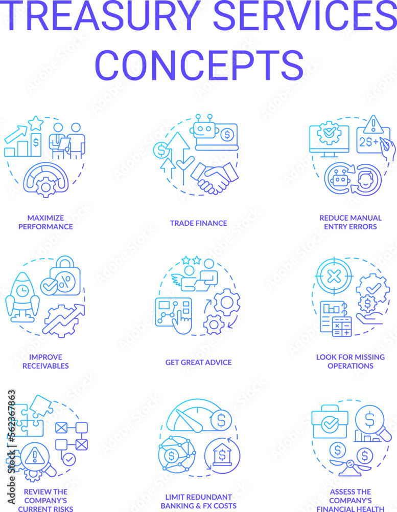 Treasury services blue gradient concept icons set. Company performance. Finance management idea thin line color illustrations. Isolated symbols. Roboto-Medium, Myriad Pro-Bold fonts used