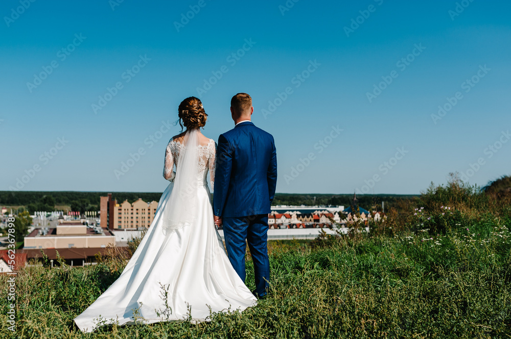 Portrait of young wedding couple are walking their backs in the field and admire nature and look at the landscape. Wedding ceremony and photo shoot outdoors. Newlyweds. Rear view.