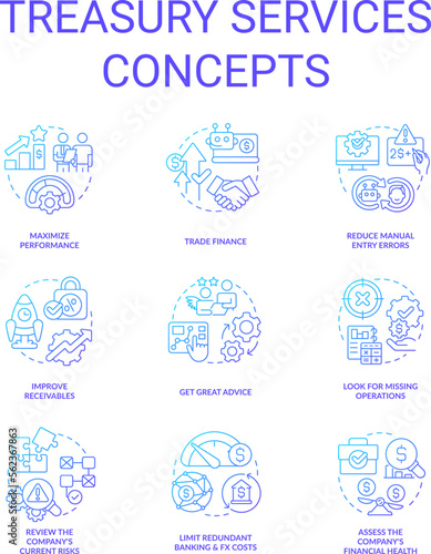 Treasury services blue gradient concept icons set. Company performance. Finance management idea thin line color illustrations. Isolated symbols. Roboto-Medium, Myriad Pro-Bold fonts used
