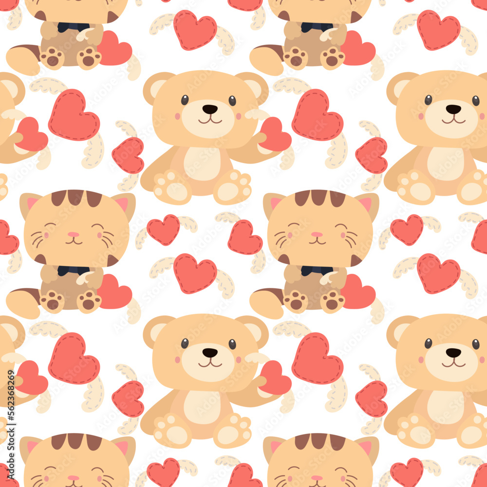 A pattern of soft toys. Beige bear and tiger with toys in their hands and different poses. Pattern for printing on textiles and paper. Gift packaging for children's parties. Pattern for boys and girls