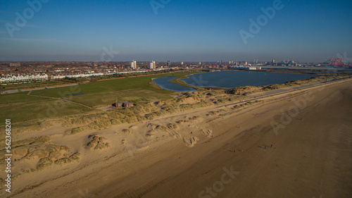 Drone photo of Crosby lake and Crosby beach, Liverpool, UK