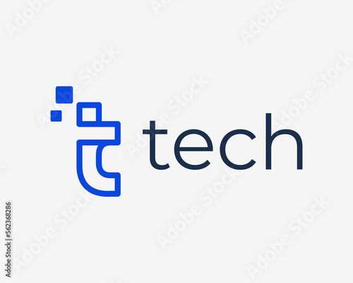 Letter T Pixel Digital Technology Innovation Modern Simple Line Art Linear Vector Logo Design