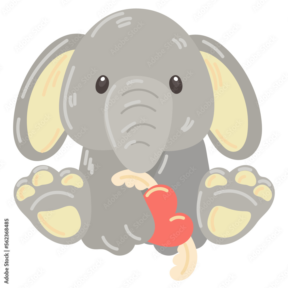 Fototapeta premium Cute stuffed elephant in paws heart with wings. A soft toy gray elephant as a gift for Valentine's Day. A gift for your loved ones. A kind toy for children in delicate shades. Cartoon illustration