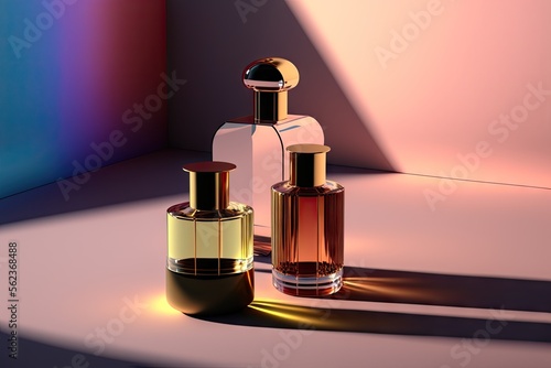Collection of transparent multi color glass perfume bottles on a light background. Art composition still life. Stylish parfumerie banner. Generative AI. photo