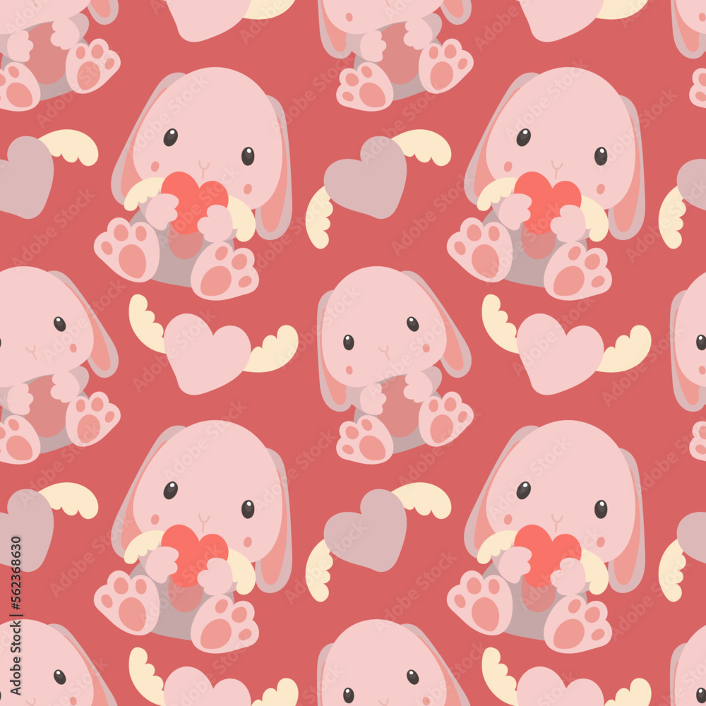 Pattern of soft toys. Pink rabbit with a toy in his hands and in different poses. Background for printing on textiles and paper. Gift packaging for children's parties. Background for boys and girls Pattern of soft toys. Pink rabbit with a toy in his hands and in different poses. Background for printing on textiles and paper. Gift packaging for children's parties. Background for boys and girls