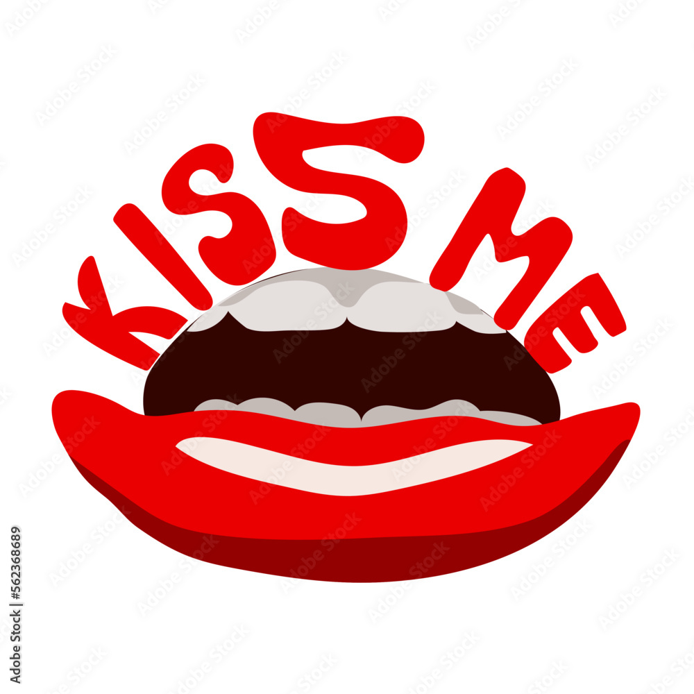 Sexy red lips on the upper lip the inscription kiss me. Isolated on a white background. Flat design. Print on clothes and postcards. Vector illustration. For Valentine's Day Sexy red lips on the upper lip the inscription kiss me. Isolated on a white background. Flat design. Print on clothes and postcards. Vector illustration. For Valentine's Day