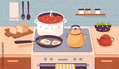 Cooking food, boiling water, stewing and frying dishes on the kitchen stove. Kitchen utensils in the home kitchen interior. Flat vector illustration