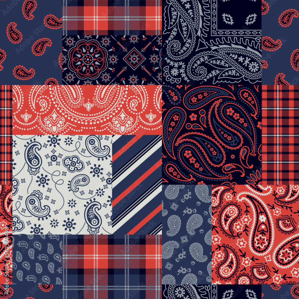 Bandana paisley  and tartan plaid fabric patchwork abstract vector seamless pattern - obrazy, fototapety, plakaty 