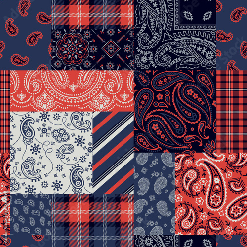 Bandana paisley and tartan plaid fabric patchwork abstract vector seamless pattern