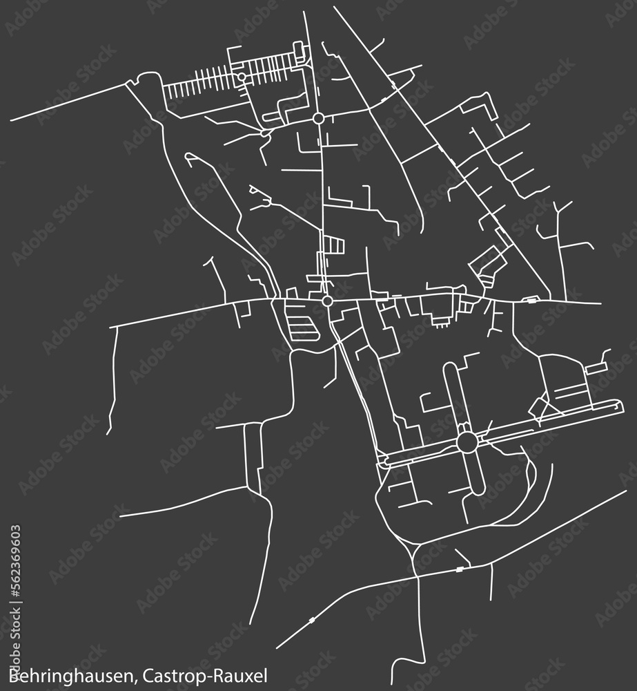 Detailed negative navigation white lines urban street roads map of the BEHRINGHAUSEN DISTRICT of the German town of CASTROP-RAUXEL, Germany on dark gray background
