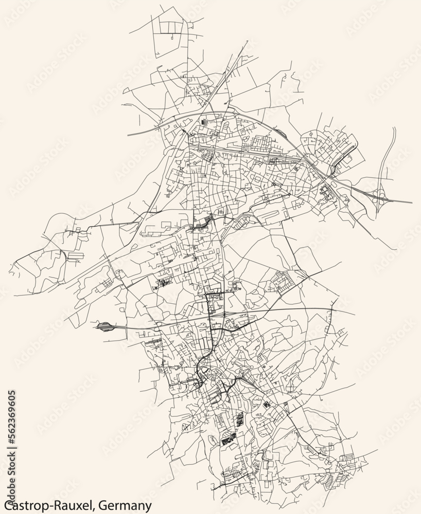 Detailed navigation black lines urban street roads map of the German town of CASTROP-RAUXEL, GERMANY on vintage beige background