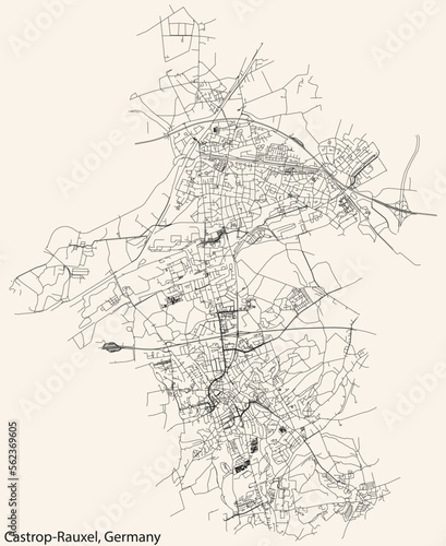 Detailed navigation black lines urban street roads map of the German town of CASTROP-RAUXEL, GERMANY on vintage beige background