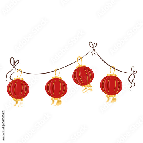 Cute garland with traditional Chinese paper lanterns. Chinese New Year, Spring and Lantern Festival. Red and gold vector illustration with in cartoon doodle style.
