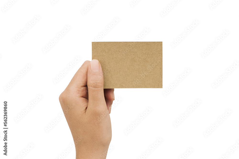 Hand holding a blank business card on white background