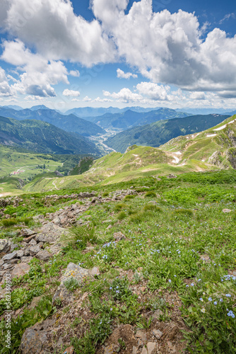 Beautiful nature. Mountain hiking Trail Road. Italy Lago Avostanis Casera Pramosio Alta