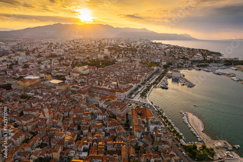 Aerial view at sunrise over Split  Croatia  Dalmatia coast.