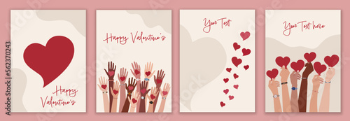 Group of raised hands of many people diverse culture holding red heart. Valentine's Day party concept. Copy space poster banners page template. Brochure leaflet or greeting cards