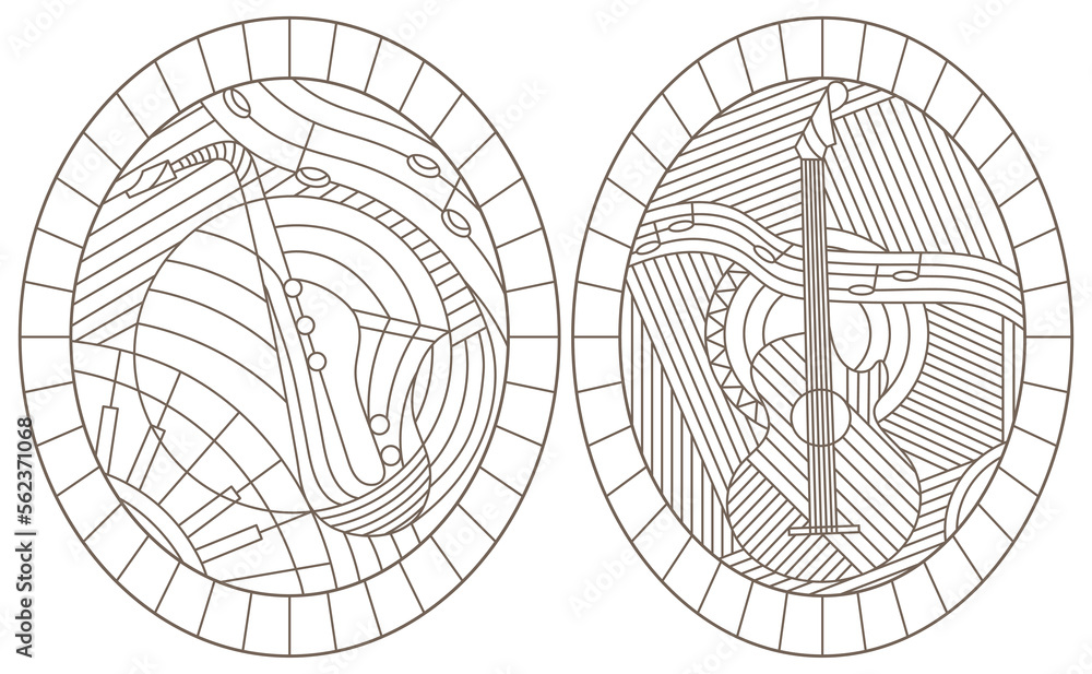 A set of contour illustrations of stained glass Windows on the theme of music, abstract guitars and saxophone, dark contours on a white background A set of contour illustrations of stained glass Windows on the theme of music, abstract guitars and saxophone, dark contours on a white background