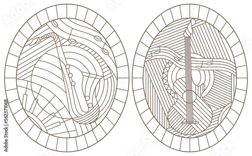 A set of contour illustrations of stained glass Windows on the theme of music, abstract guitars and saxophone, dark contours on a white background