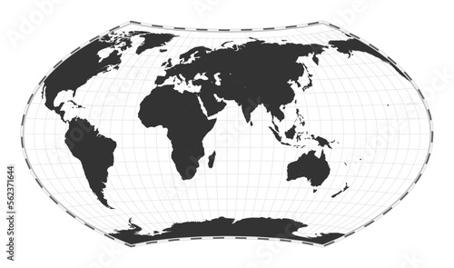 Vector world map. Wagner projection. Plain world geographical map with latitude and longitude lines. Centered to 60deg W longitude. Vector illustration.