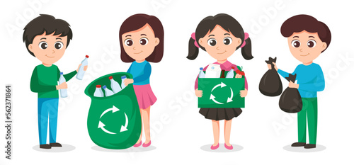 Volunteer activity, garbage collection to save the world concept, vector illustration. Volunteers of young people with  garbage bags. volunteering working and environmental cleanup
