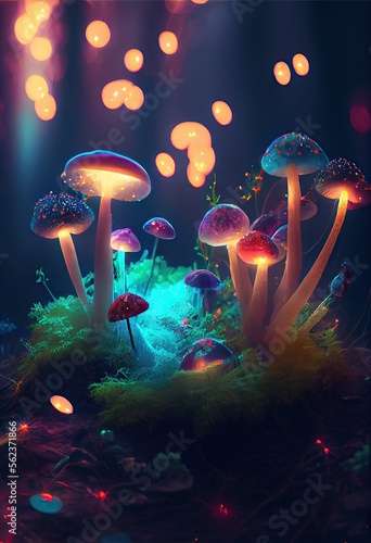 mushrooms swirling with the esscense of life with sparkles and neon lighting. Ai generative