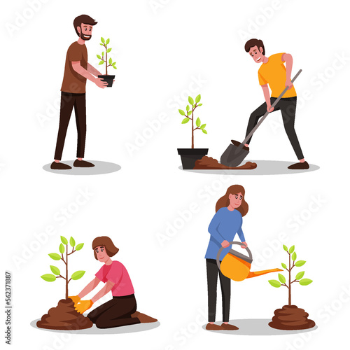 Characters planting seedlings and growing trees into soil working in Garden, volunteering, charity social and environment concept. Volunteer people plant trees in park, World environment day