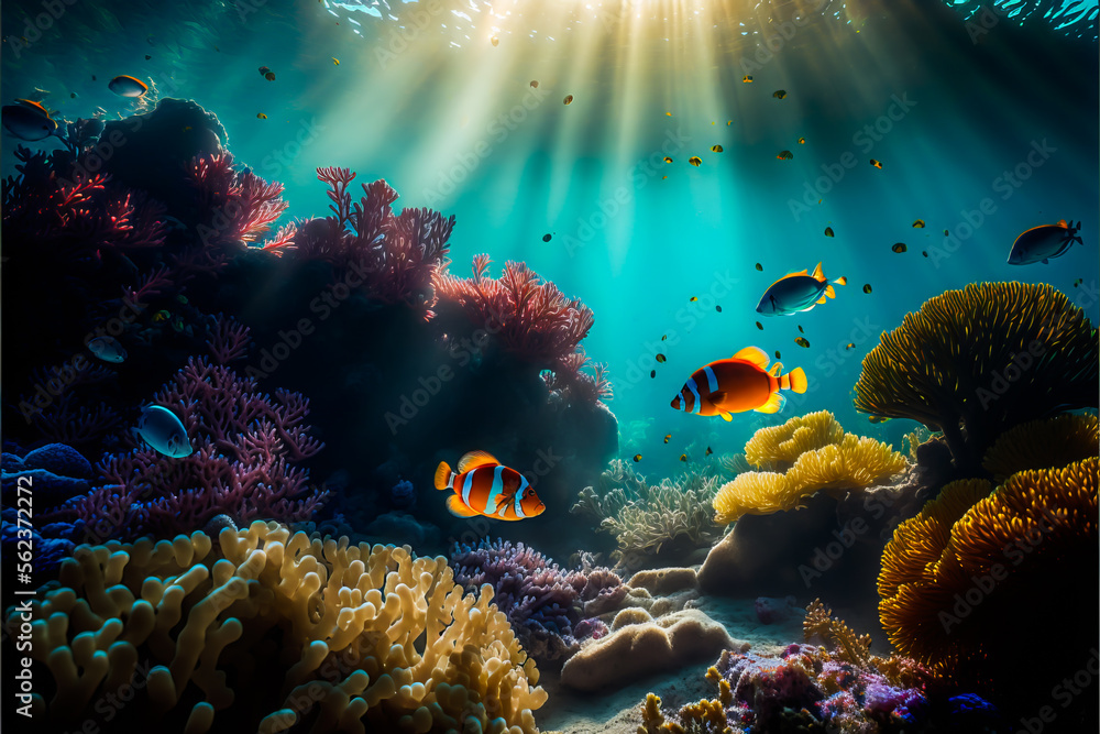 Underwater coral reef landscape. Deep blue ocean with corals, colorful fish and marine life, Generative AI. Diving, snorkling, travel and vacation banner background or design element.