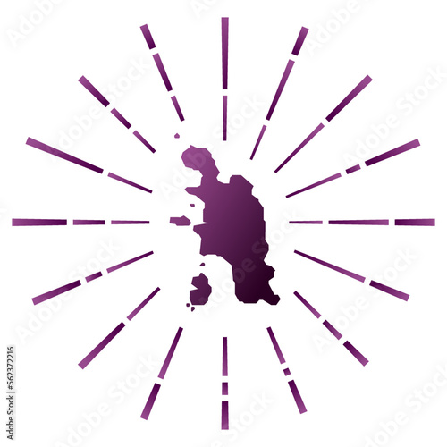 Pangkor Island gradiented sunburst. Map of the island with colorful star rays. Pangkor Island illustration in digital, technology, internet, network style. Vector illustration.