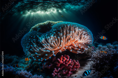 Underwater coral reef landscape. Deep blue ocean with corals, colorful fish and marine life, Generative AI. Diving, snorkling, travel and vacation banner background or design element.