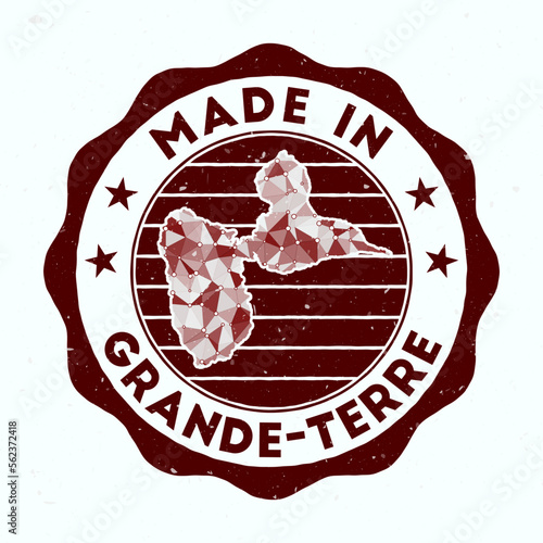 Made in Grande-Terre. Island round stamp. Seal of Grande-Terre with border shape. Vintage badge with circular text and stars. Vector illustration.