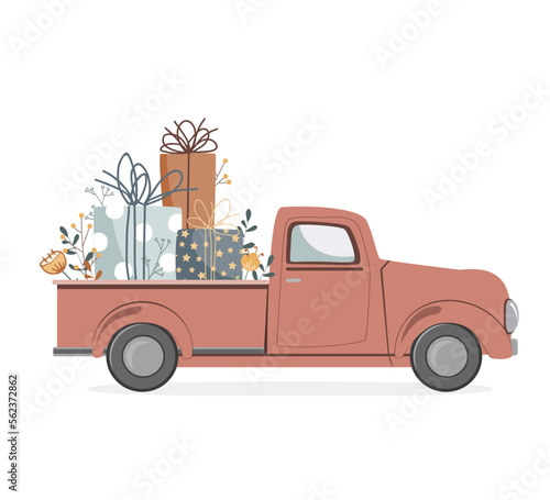 Cute retro pickup track delivering gifts and flowers. Special car delivery. Valentines day, birthday or wedding concept. Love, Romantic vector illustration in flat cartoon style