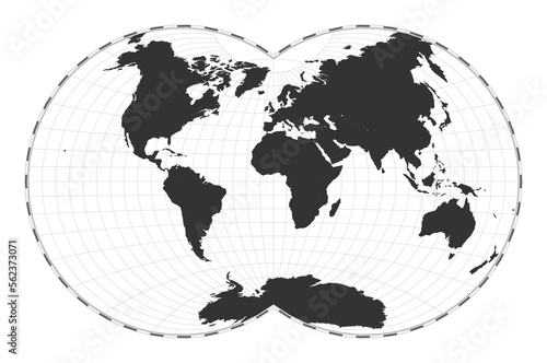 Vector world map in Van der Grinten IV projection. A plain geographical map with latitude and longitude lines, centered at 0 degrees longitude.
