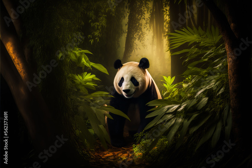 Portrait of panda bear in the bamboo forest. Cute China panda bear, Generative AI. Panda bear in a jungle for zoo or cute animals banners background.
