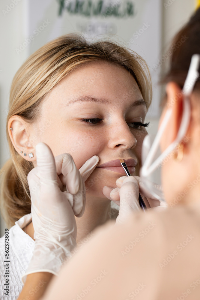 The master draws a sketch before the lip permanent procedure with a brush. The master draws a sketch before the lip permanent procedure with a brush.