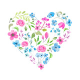 Heart made of watercolor colorful floral. Greeting card. Hand drawn  illustration isolated on white background. For packaging, wrapping design, wedding or print.