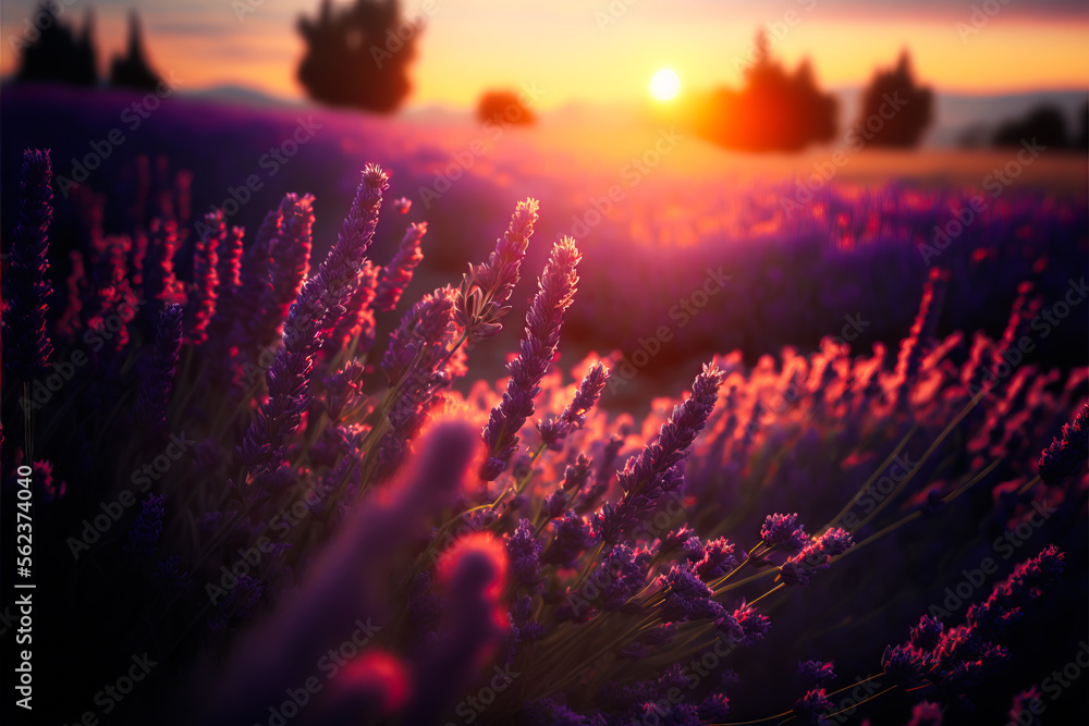 Sunset over a violet lavender field. Purple lavender flowers close up with orange sunset on background, Generative AI. Summer, aromatherapy, parfume or agriculture banner background. Sunset over a violet lavender field. Purple lavender flowers close up with orange sunset on background, Generative AI. Summer, aromatherapy, parfume or agriculture banner background.